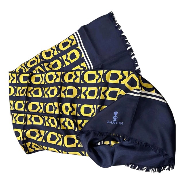 An Elegant 1980s Blue and Yellow Silk Scarf by Pierre Lanvin For Sale
