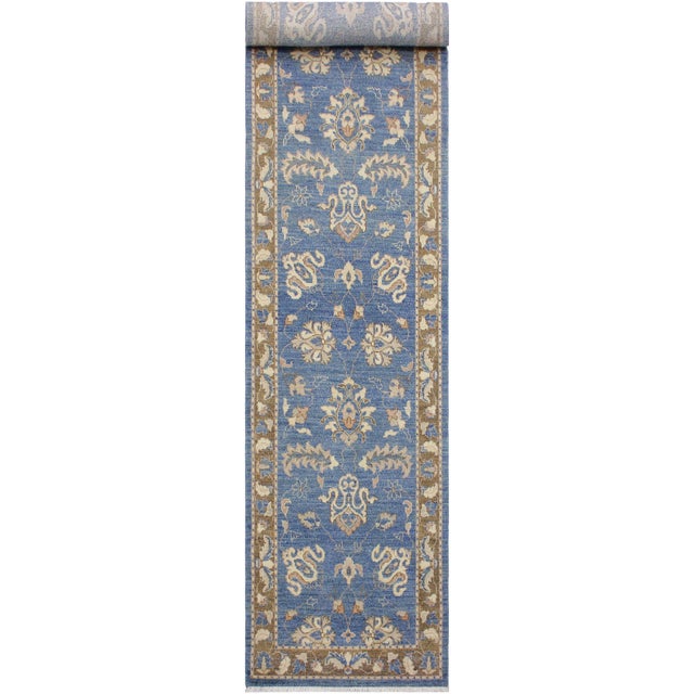 Shabby Chic Ziegler Blue/Brown Wool Runner Rug- 2'7'' X 12'2'' For Sale - Image 10 of 10