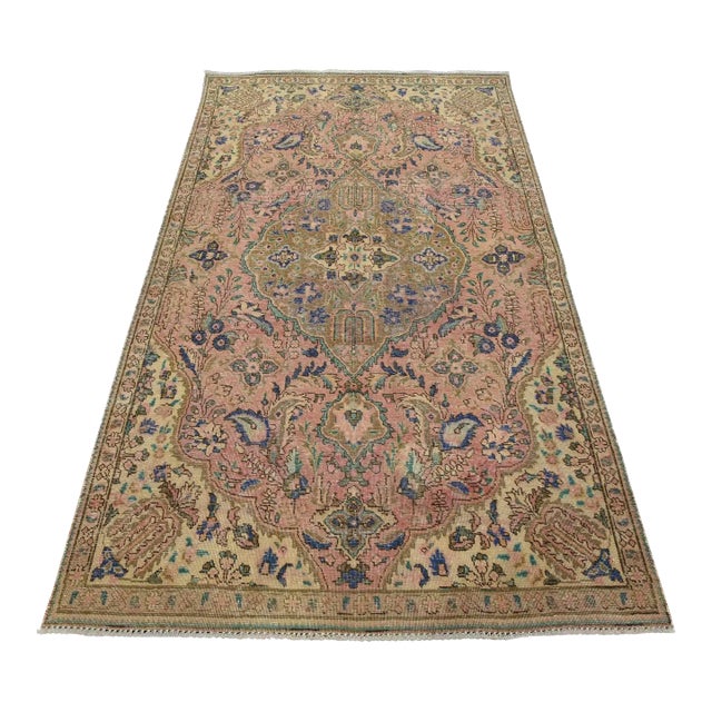 Tabriz Rug 5’3” X 8’4” Pink Wool Vintage Distressed Hand-Knotted Carpet For Sale