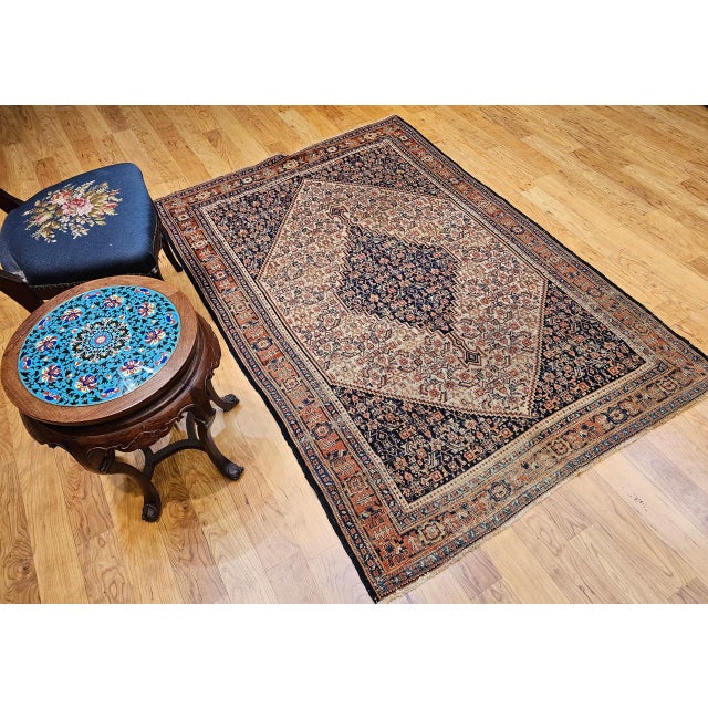 Antique Senneh Area Rug, Hand-Knotted Wool, Herati Medallion Pattern, Ivory & Navy, 4x6 For Sale - Image 4 of 17