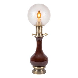 Amber-Brown Glass and Brass Table Lamp with Etched Glass Globe, 1950s For Sale