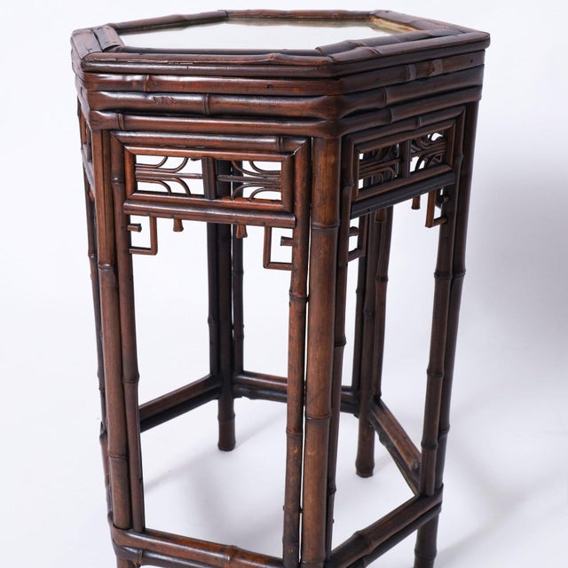 Chinese Export Bamboo and Rattan Pair of Chairs and Stand For Sale - Image 15 of 15