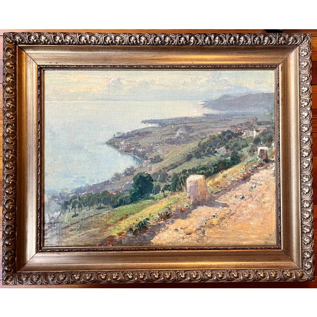 Antique 19th century French impressionist seascape oil painting of the Riviera / Mediterranean coast. Painting shows a...