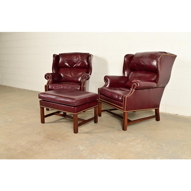 English Hancock & Moore Chippendale Wingback Leather Lounge Chairs With Ottoman For Sale - Image 3 of 15