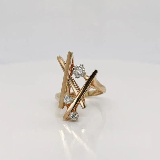 Vintage Signed Hammerman Bros Modernist 14 Karat Gold & Diamond Cocktail Ring Size 6.25 For Sale In Philadelphia - Image 6 of 10