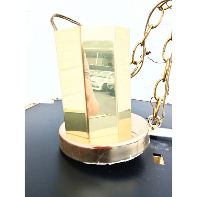 Vintage Mid Century Modern Gold Brass Black Glass Octagon Chandelier Pendant Fixture For Sale In West Palm - Image 6 of 11