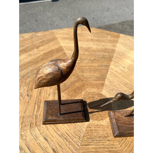 Pair of Wooden Cranes with Brass Accents on Legs Necks and Heads. Decorative Wood Art.