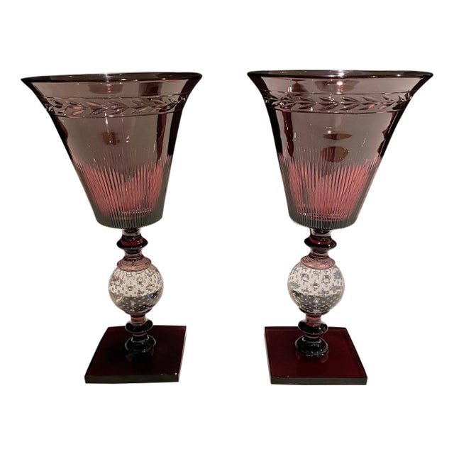 Early 20th Century Pair Of Pairpoint Controlled Bubble Amethyst Cut Glass Vases For Sale