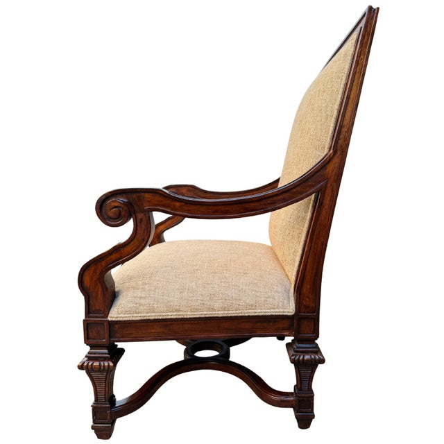 1980s Neoclassical Hand-Carved Mahogany Armchairs With Rolled Arms & X-Stretcher - A Pair For Sale In San Diego - Image 6 of 14
