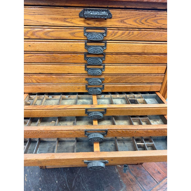 Antique Hamilton Marble Top Oak Letterpress Printer’s Type Cabinet For Sale - Image 9 of 12