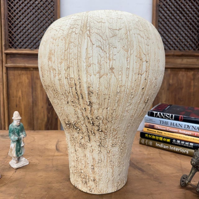 Wide Rounded Textured Ivory & Sand Brown Ceramic Vase For Sale - Image 4 of 10