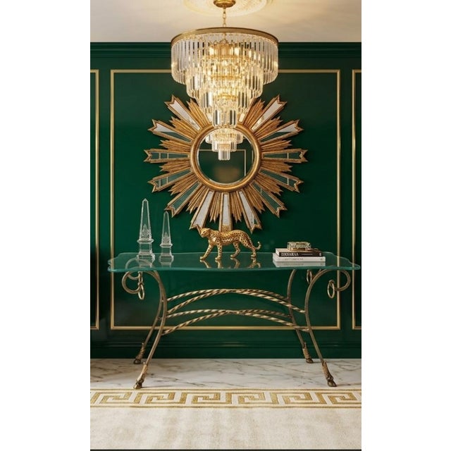 Vintage Italian Maitland Smith Style Scalloped Glass Top Iron Rope Hoof Foot Gold Console Table For Sale In West Palm - Image 6 of 12