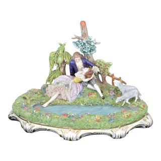 1970s Sitzendorf Porcelain Group Two Young Lovers in Garden Floral Lined Pool and Attending Lambs, Sitzendorf Crown Mark For Sale