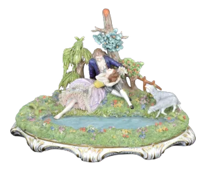1970s Sitzendorf Porcelain Group Two Young Lovers in Garden Floral Lined Pool and Attending Lambs, Sitzendorf Crown Mark