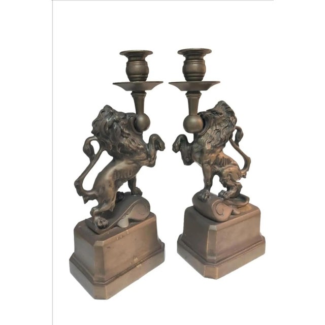 Mid 20th Century Pair of Heavy Bronze French Renaissance Lion Candle Holders For Sale - Image 10 of 10