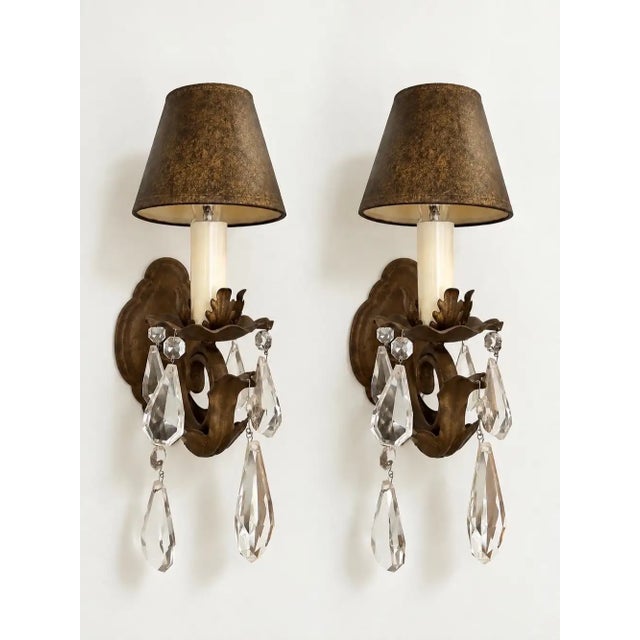 French Regency Style Bronze Wall Sconces with Crystal Drops and Shades, a Pair This beautiful pair of French Regency style...
