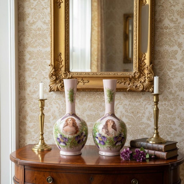 Exceptional pair of antique Austrian Art Nouveau portrait vases, circa 1895–1910. Crafted in Austria during the height of...