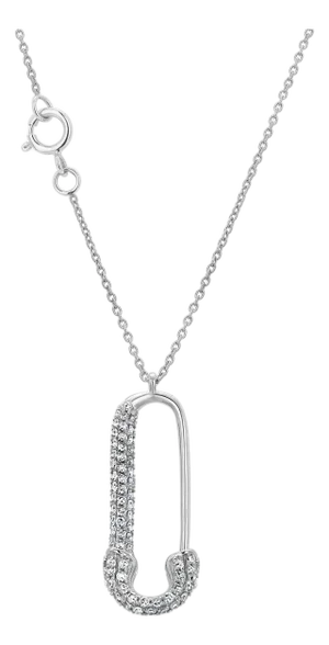 14k White Gold Diamond Safety Pin 0.20 Carats 0.78 Inch Necklace 18 Inch