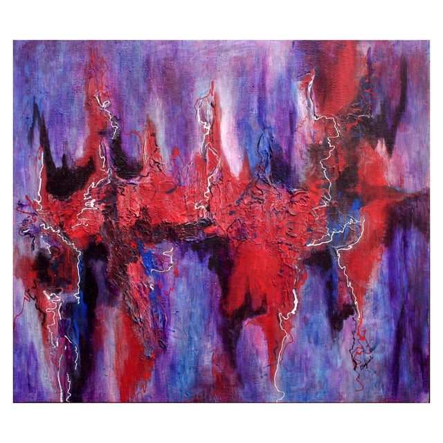 Dynamic abstract consisting of red, purple and blue by Patricia Gaglioti (American, 20th Century), circa 1970. Signed...
