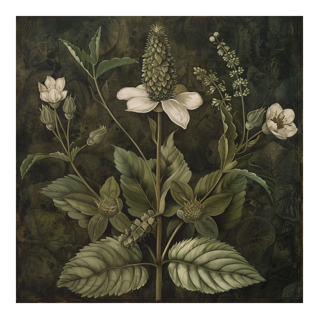 18" X 18" Original Fine Art Botanical Print - Dark Green Grisaille For Sale