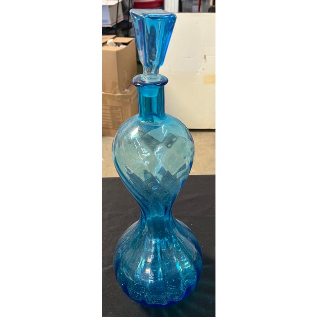 Mid-Century Modern Vintage Ribbed Turquoise/Blue Glass Vase With Stopper For Sale - Image 3 of 7