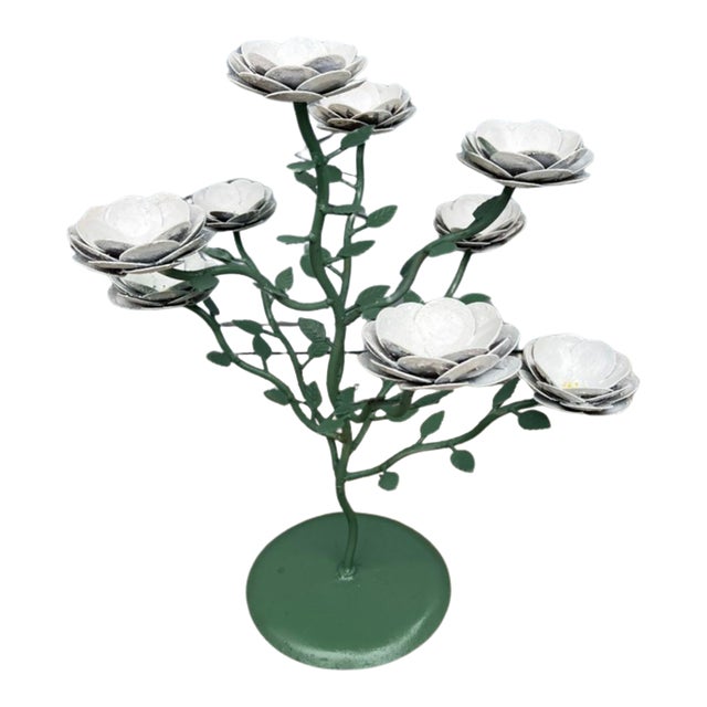 Hand-Painted, Metal Flower Sculpture With White Blossoms on Round Stand For Sale