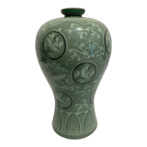 Vintage Signed Korean Celadon Cranes and Clouds Maebyong Vase