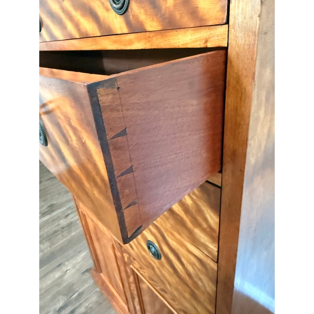 Antique Tiger Maple Gentleman’s Chest of Drawers Late Victorian Curly Maple Chiffonier Refinished Fiddleback Wood Tallboy Cabinet 53" For Sale - Image 10 of 16