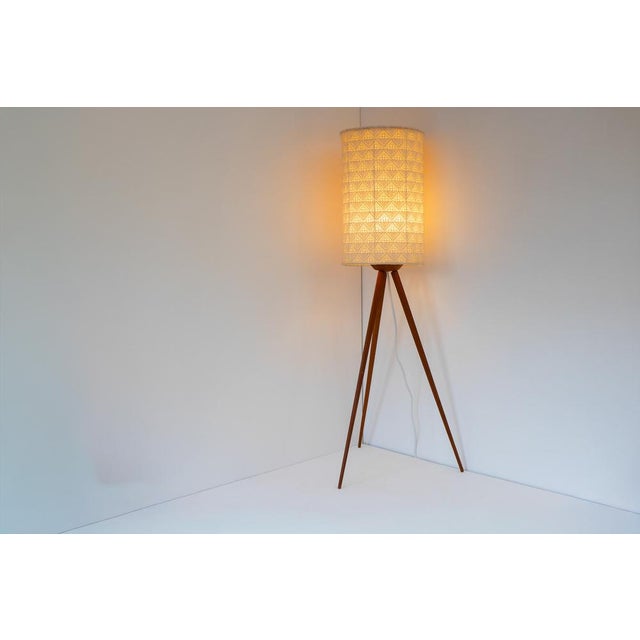Large Scandinavian Teak Tripod Floor Lamp with Drawn Thread Embroidery Shade For Sale - Image 6 of 17