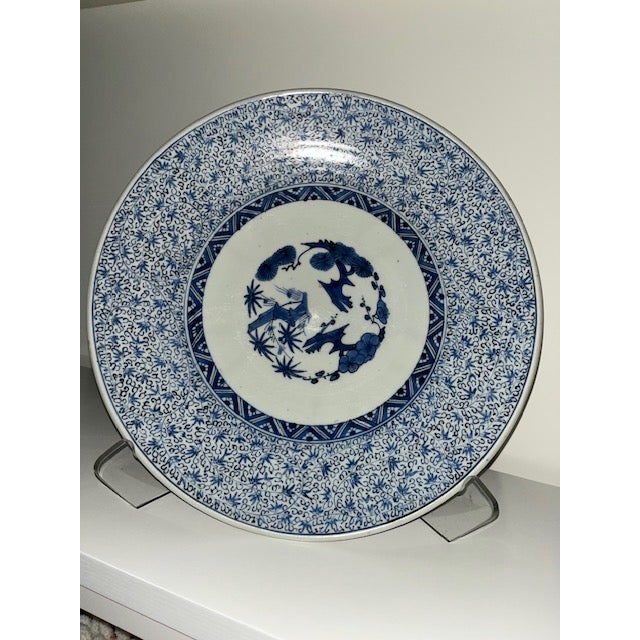 Ceramic Antique 16" Blue and White Plate With Detailed and Intricate Hand Painting Pine and Plum Design For Sale - Image 7 of 18