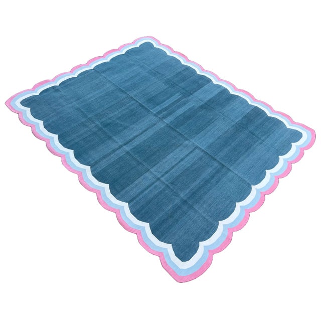 Mid-Century Modern Handmade Cotton 4 Sided Scalloped Rug Celadon Blue With Cream and Pink Border - 12'x15' For Sale - Image 3 of 10