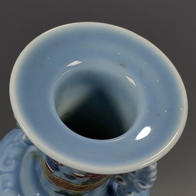 Blue Chinese Light Blue Glazed Porcelain Vase With Famille Rose Antiques Motif For Sale - Image 8 of 9