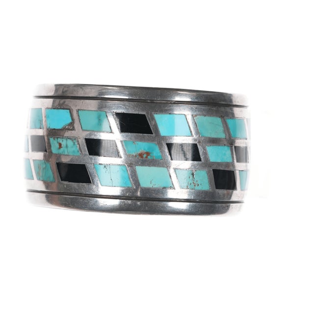 6.75" Kee Joe Benally Navajo Sterling - Turqoise & Jet Inlay Cuff Bracelet For Sale In Austin - Image 6 of 11
