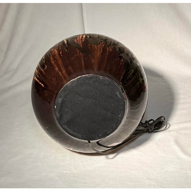 Vintage Mid Century Modern Pottery Table Lamp Drip Glaze Silver Overlay Gazelle Ram For Sale - Image 10 of 12