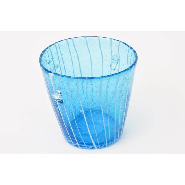 Modern Murano Venini Sapphire Turquoise Glass Ice Bucket With White Lines 1980's For Sale - Image 3 of 10