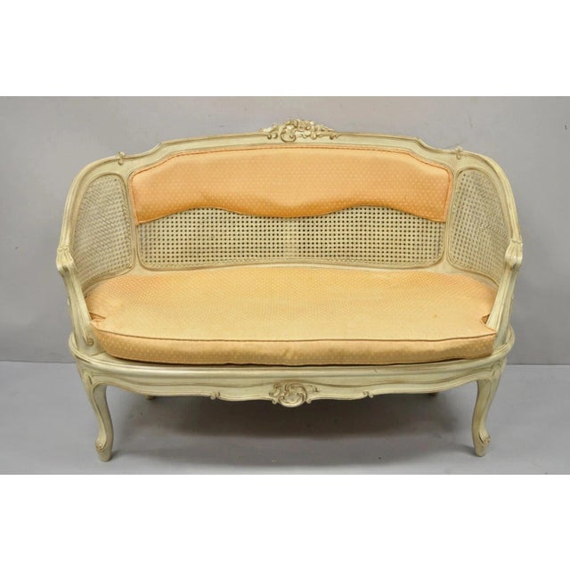 Vintage French Louis XV Victorian Style Small Cream Painted Settee Loveseat Sofa For Sale - Image 9 of 12
