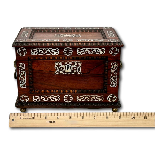 Outstanding Antique Victorian Rosewood Veneer Tea Caddy Box With Fancy Abalone Inlay Features - Circa 1870s For Sale - Image 16 of 18