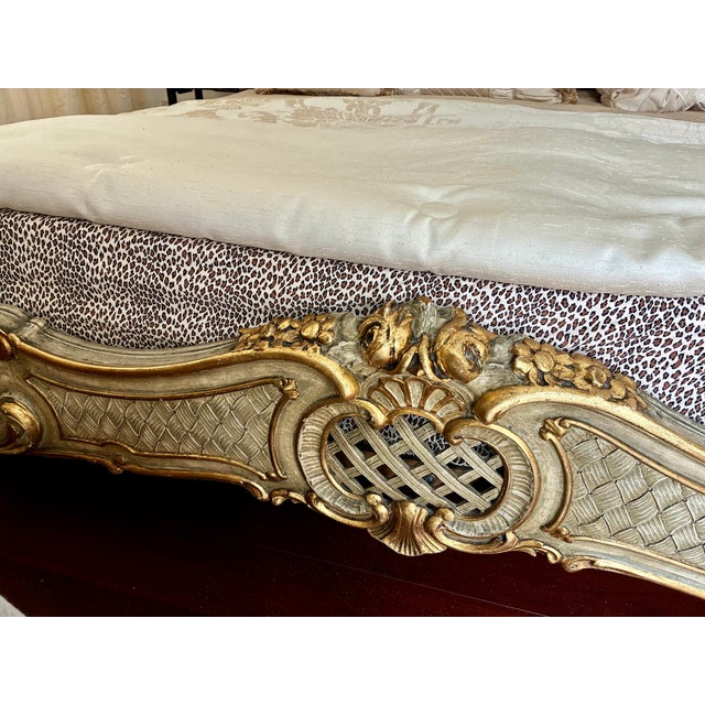 Vintage Italian Carved Painted Bed Frame Tufted Headboard Footboard Rails For Sale - Image 16 of 17