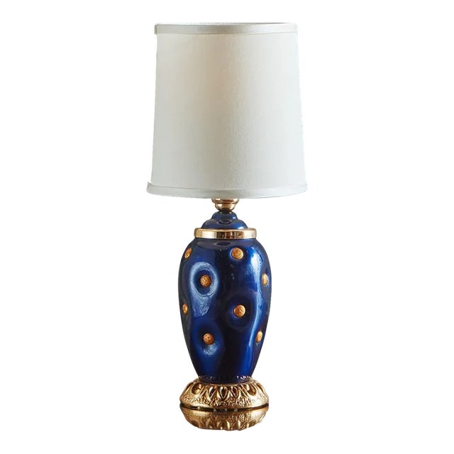 Blue + Gold Glazed Porcelain Lamp, Italy 1980s For Sale