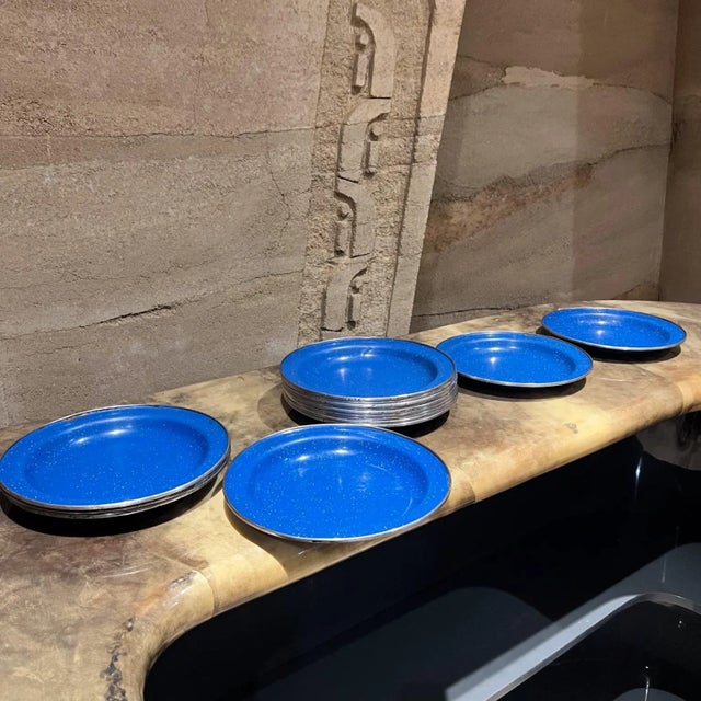 AMBIANIC presents MCM 1960s set of fifteen (15) enamel dining plates. enamelware speckled blue and silver Made in Mexico...