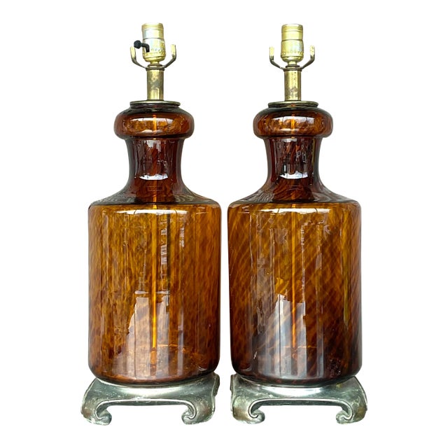 Vintage Regency Tortoise Glass Lamps on Brass Ming Plinths - a Pair For Sale