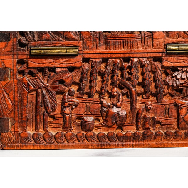 Hand Carved Village Scene Box Antique Chinese Wood Box 19th Century Decorative Chinoiserie Asian Oriental Home Decor For Sale - Image 10 of 13