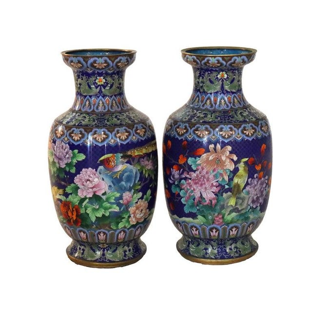 Pair 25" Antique Large Chinese Figural & Floral Cloisonne Enameled Urns C1920 For Sale - Image 12 of 14