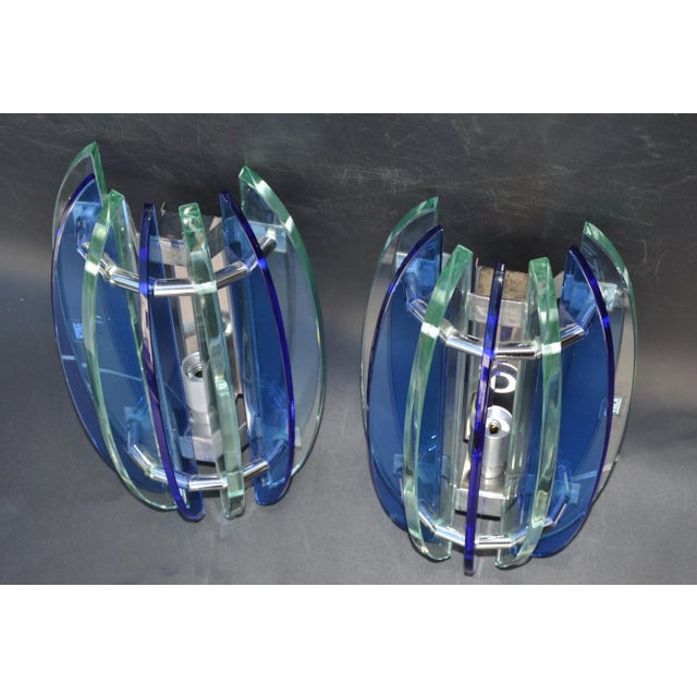 Italian Glass & Chrome Sconces by Veca Blue & Clear Mid-Century Modern - Pair For Sale - Image 9 of 13