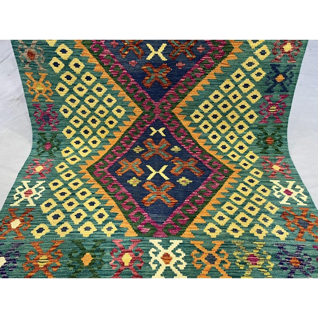Textile 4'5" X 5'10" Green Afghan Chobi Kazak Geometric Wool Flatweave Kilim Rug For Sale - Image 7 of 16