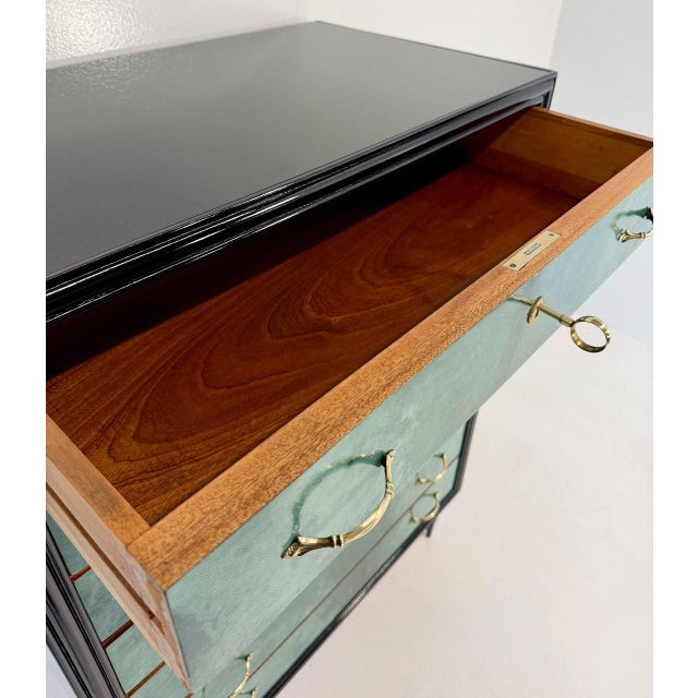 Art Deco Italian Seven-Drawer Chest in Aquamarine Parchment and Black Lacquer, 1950s For Sale - Image 9 of 12