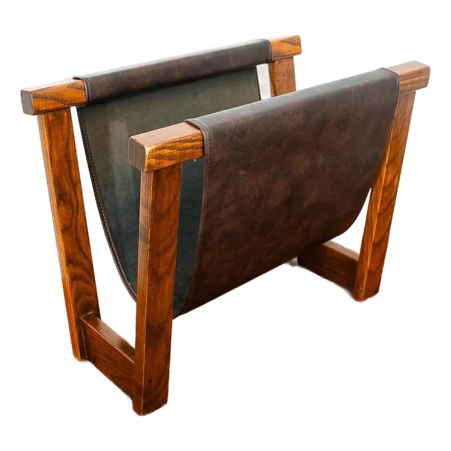 1970s Mid Century Modern Magazine Rack Brown Leather Sling Solid Oak ...
