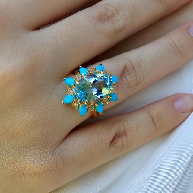 Kai Blue Topaz Turquoise Aquamarine Cocktail Ring in 14k Gold Ring, size 5.5 For Sale - Image 9 of 12