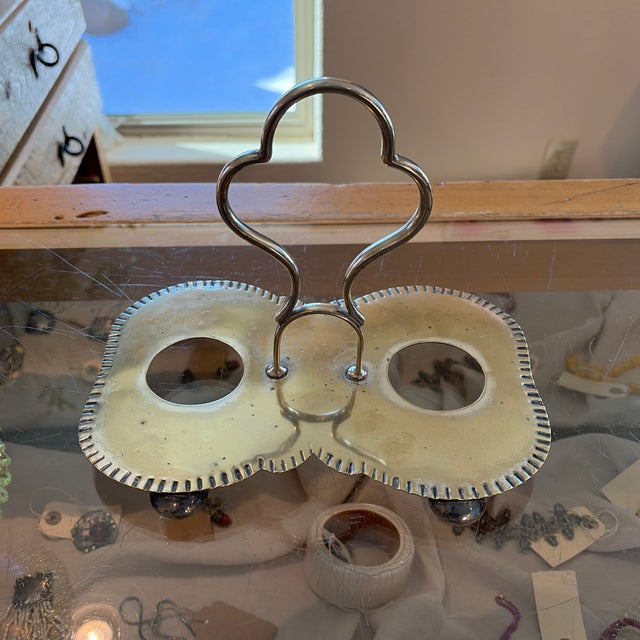 Late 19th Century Heart Vaseline Glass Bowls in Silver Plated Tray. Victorian Brides Basket For Sale - Image 4 of 9