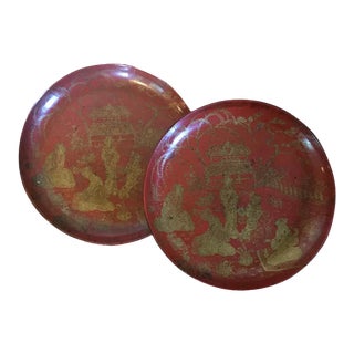 Antique 19th Century English Papier Mache Red Lacquer Trays with Chinese Figures - A Pair For Sale